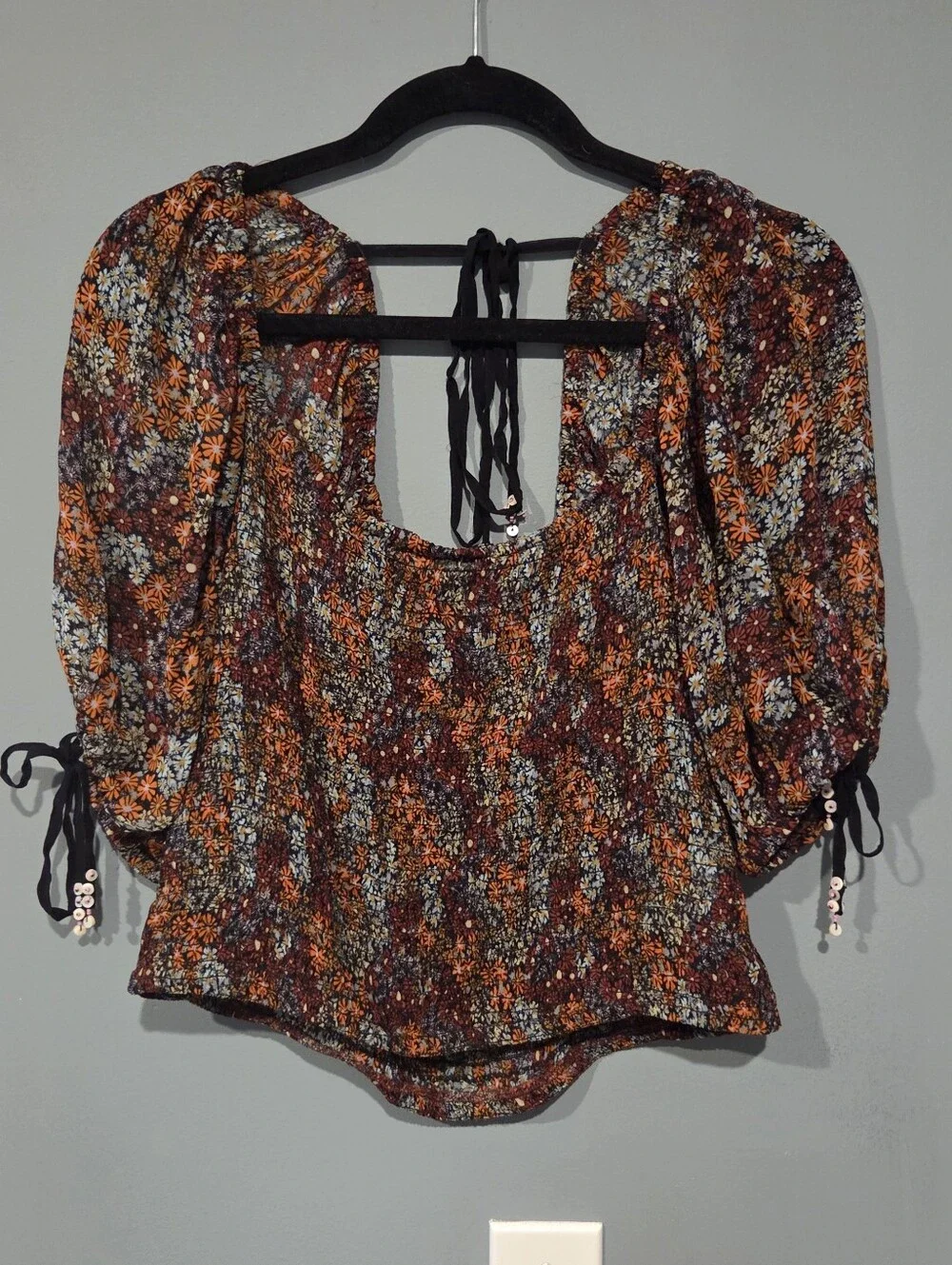 Free People Floral Smocked Puff Sleeve Blouse
